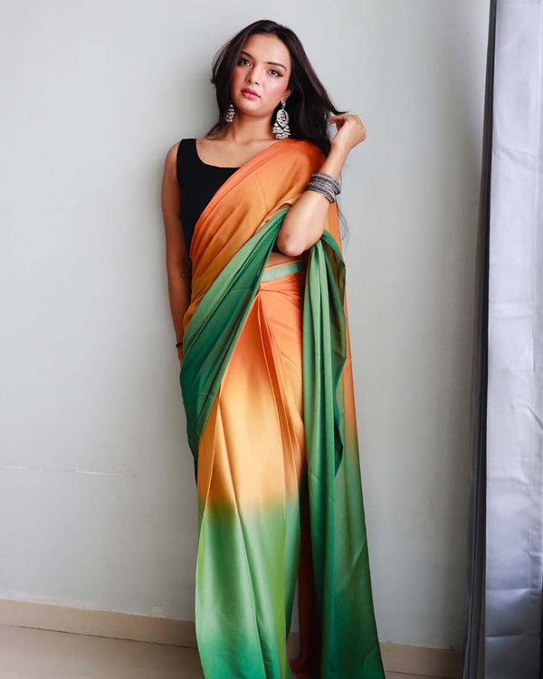 Orange And Green Color 1-Minute Ready To Wear Naylon Saree With Blouse Piece