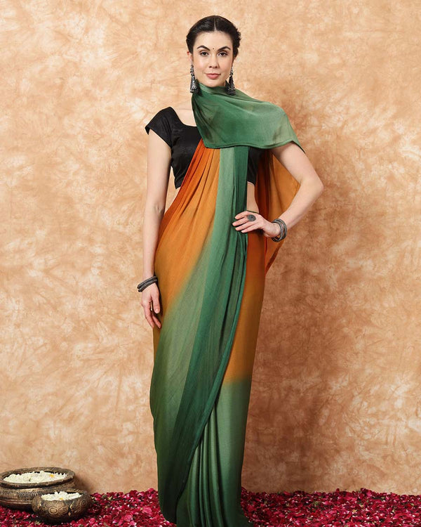 Orange And Green  Color 1-Minute Ready To Wear Naylon Saree With Blouse Piece