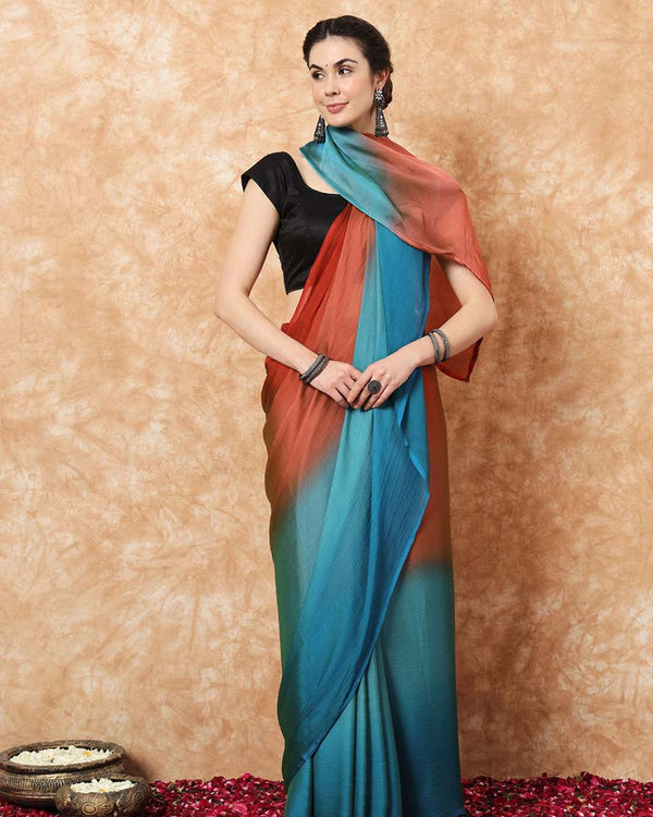 Bottle Green and Orange  Color 1-Minute Ready To Wear Naylon Saree With Blouse Piece