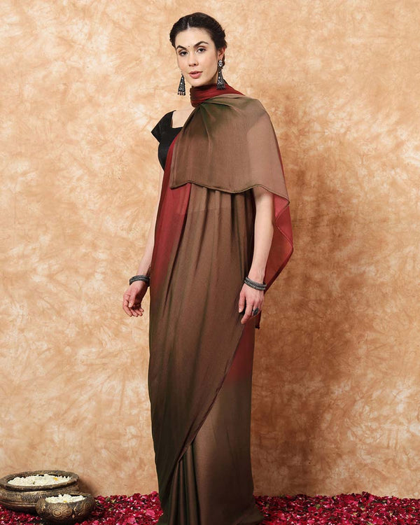 Brown And Orange Color 1-Minute Ready To Wear Naylon Saree With Blouse Piece