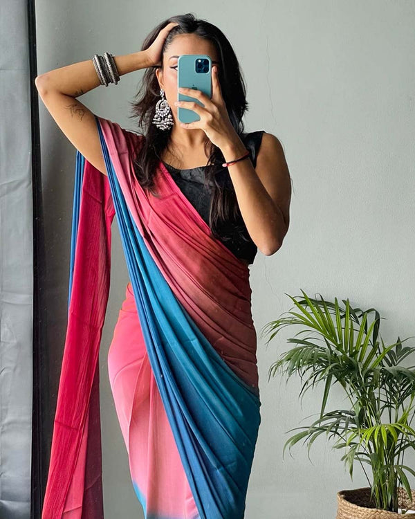 Pink And Blue Color 1-Minute Ready To Wear Naylon Saree With Blouse Piece