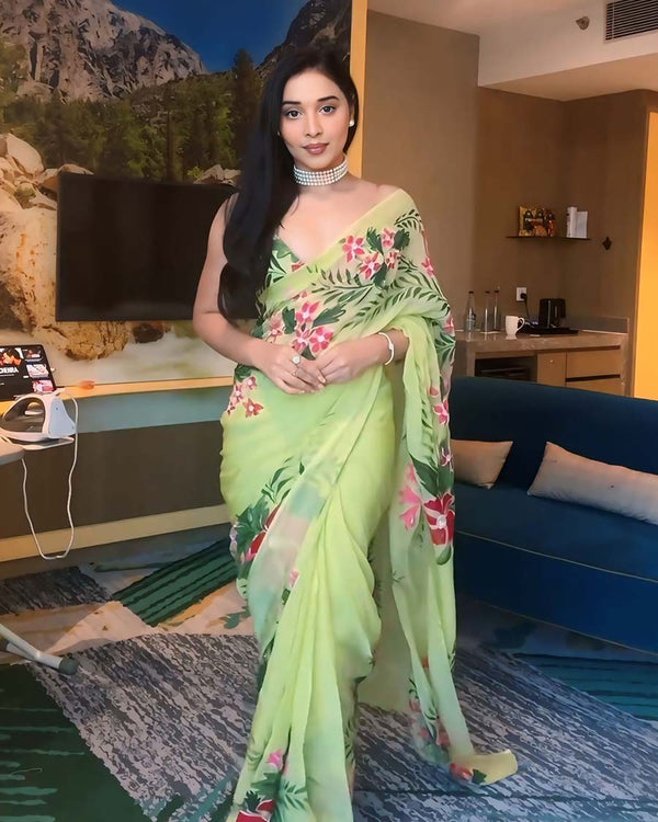 Light Green Color 1-Minute Ready To Wear Georgette Saree With Blouse Piece