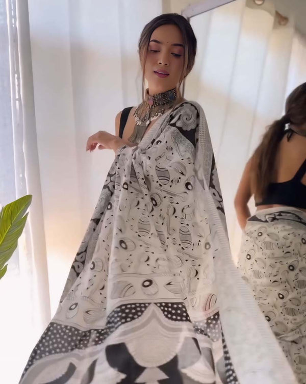 Grey Color 1-Minute Ready To Wear Cotton Saree With Blouse Piece
