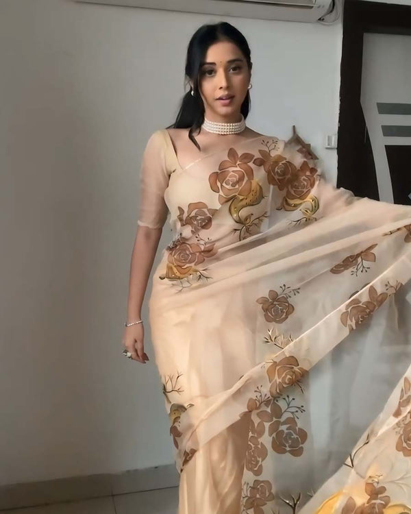 Light Coffee Color 1-Minute Ready To Wear Organza Saree With Blouse Piece