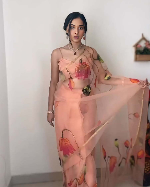 Peach Color 1-Minute Ready To Wear Organza Saree With Blouse Piece