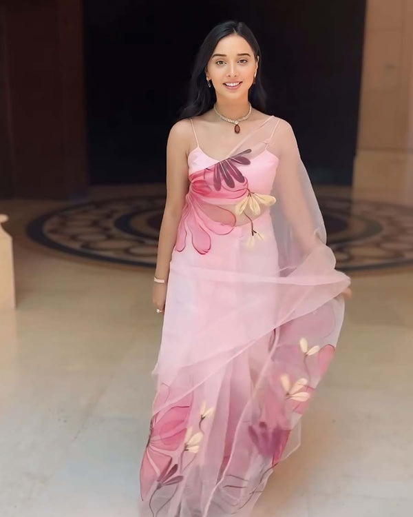 Calm Pink Color 1-Minute Ready To Wear Organza Saree With Blouse Piece