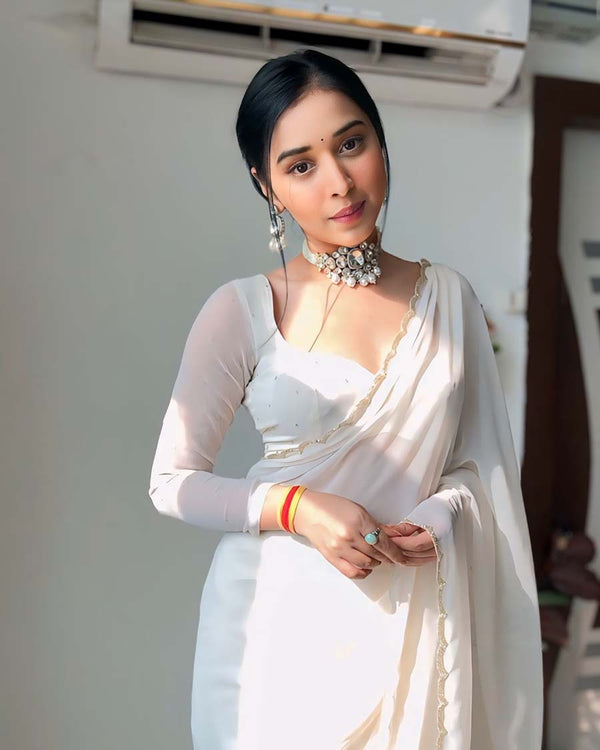White Color 1-Minute Ready To Wear Georgette Saree With Stitched Blouse