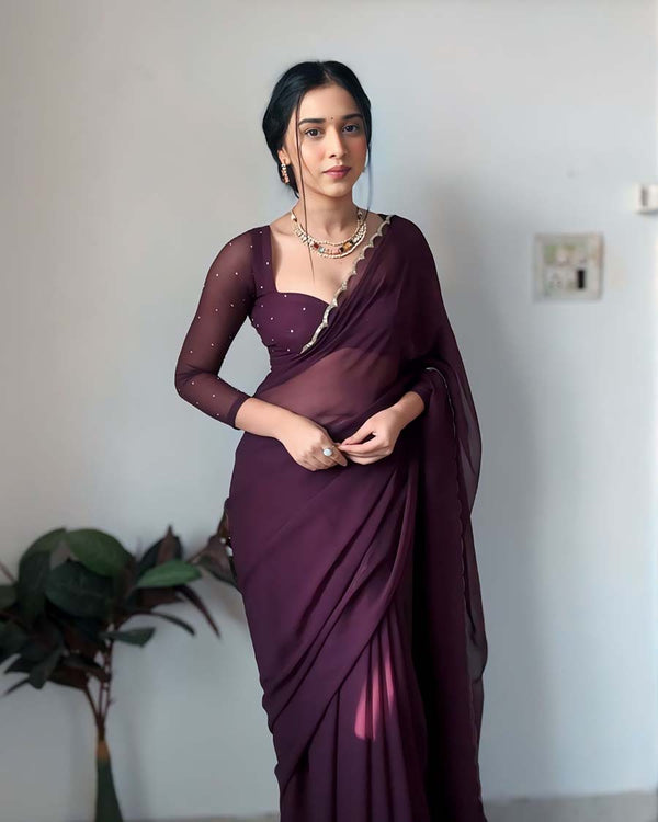 Marron Color 1-Minute Ready To Wear Georgette Saree With Stitched Blouse