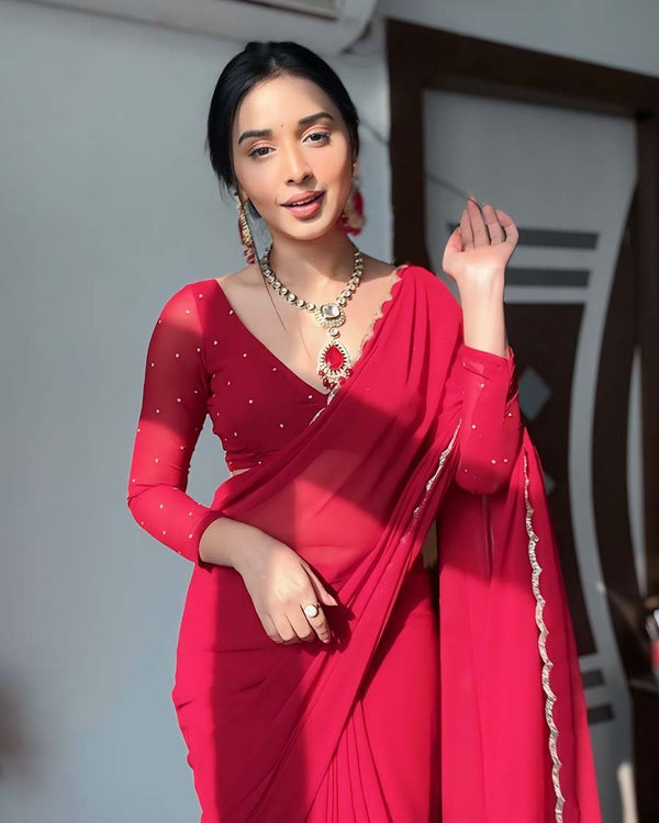 Red Color 1-Minute Ready To Wear Georgette Saree With Stitched Blouse