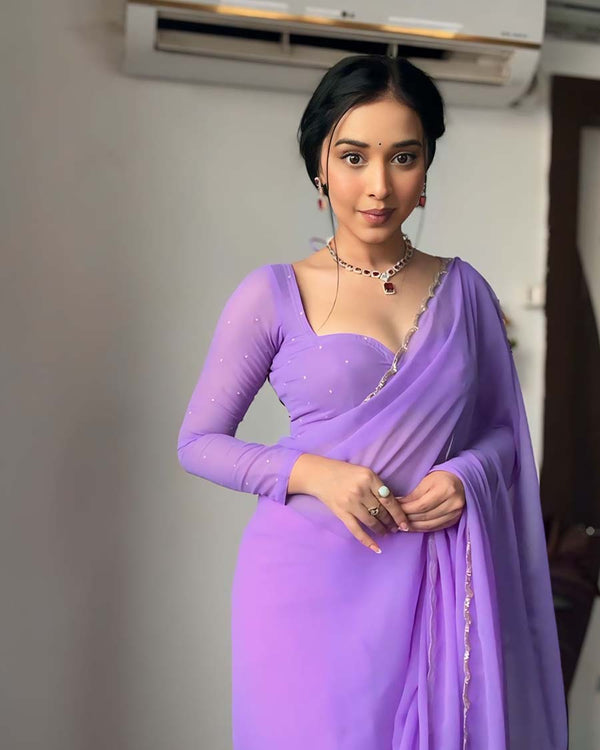 Purple Color 1-Minute Ready To Wear Georgette Saree With Stitched Blouse