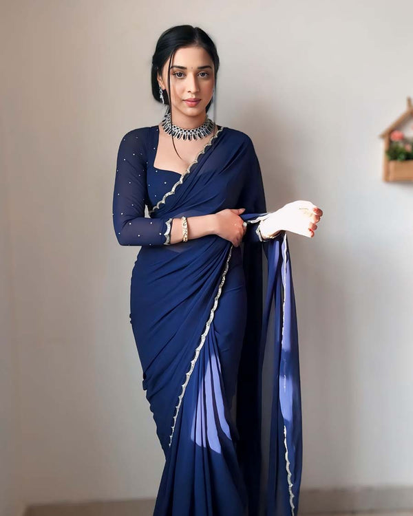 Navy Blue Color 1-Minute Ready To Wear Georgette Saree With Stitched Blouse