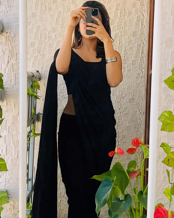 Black Color 1-Minute Ready To Wear Georgette Saree With Blouse Piece