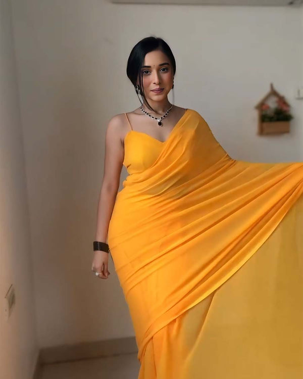 Yellow Color 1-Minute Ready To Wear Georgette Saree With Blouse Piece