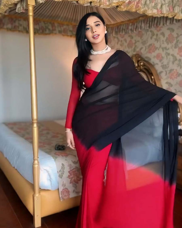 Black And Red Color 1-Minute Ready To Wear Georgette Saree With Blouse Piece