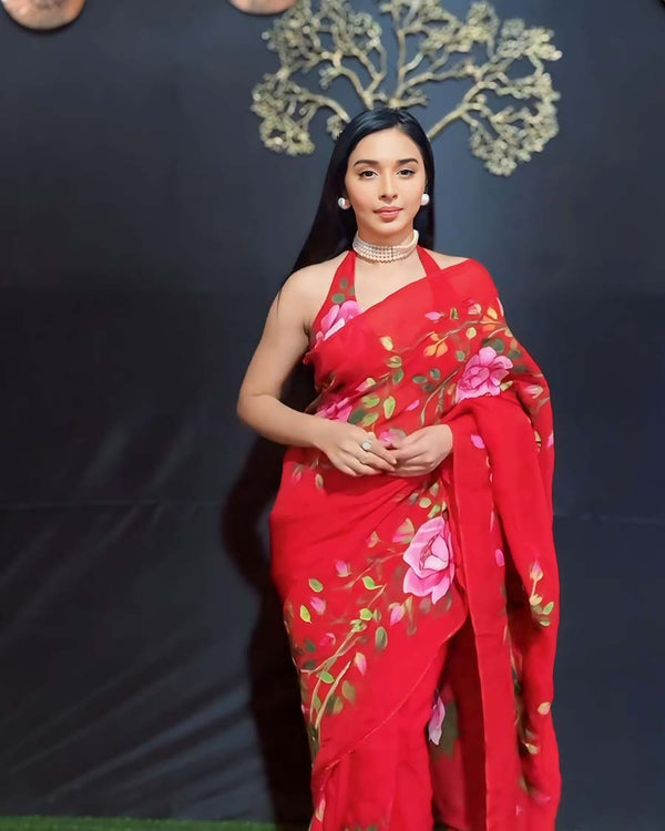 Red Color 1-Minute Ready To Wear Georgette Saree With Blouse Piece