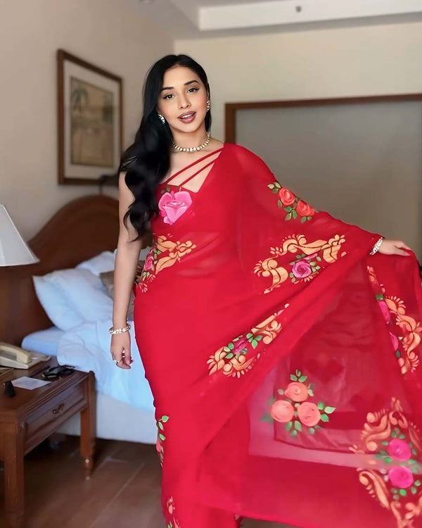 Red Color 1-Minute Ready To Wear Georgette Saree With Blouse Piece