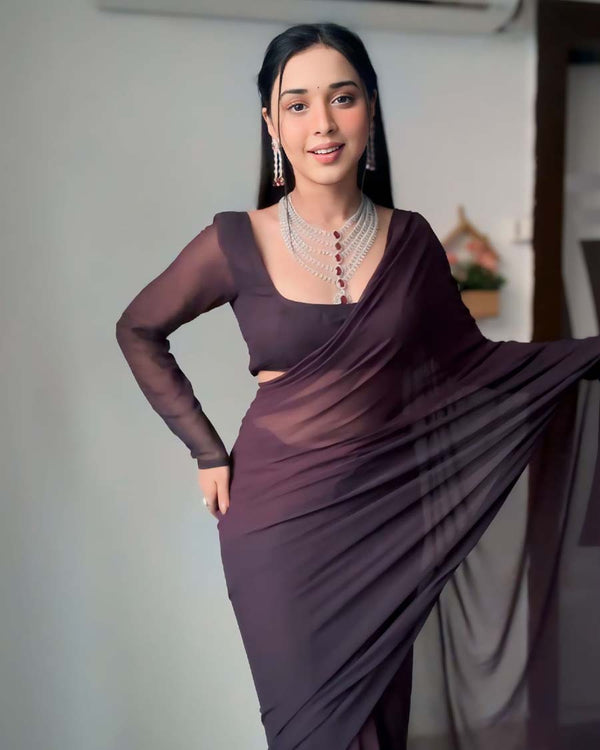 Brown and Black Color 1-Minute Ready To Wear Georgette Saree With Blouse Piece