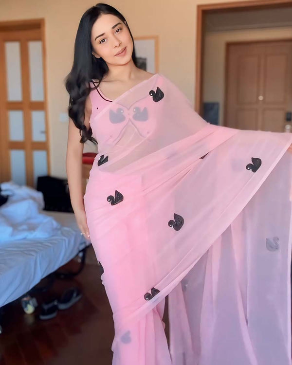 Calm Pink Color 1-Minute Ready To Wear Georgette Saree With Blouse Piece