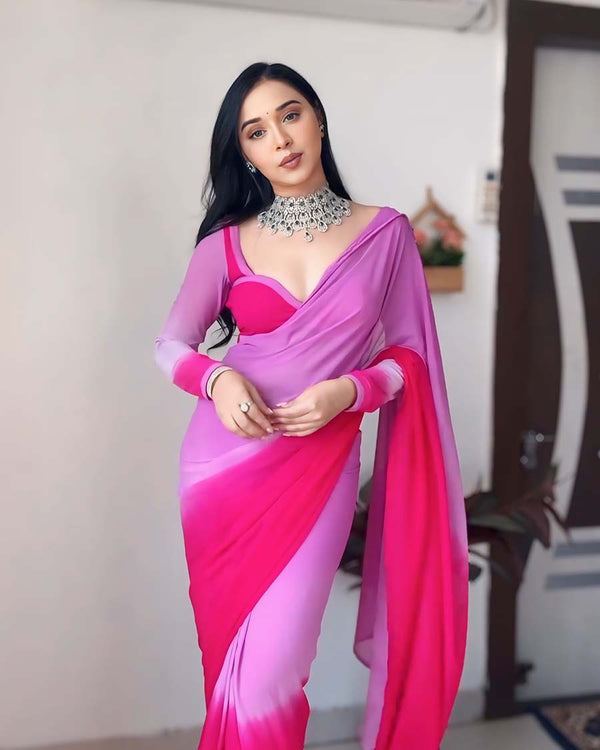 Calm pink And Pink Color 1-Minute Ready To Wear Georgette Saree With Blouse Piece