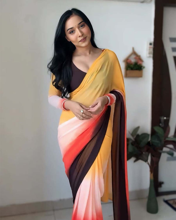 Yellow & Black Color 1-Minute Ready To Wear Georgette Saree With Blouse Piece