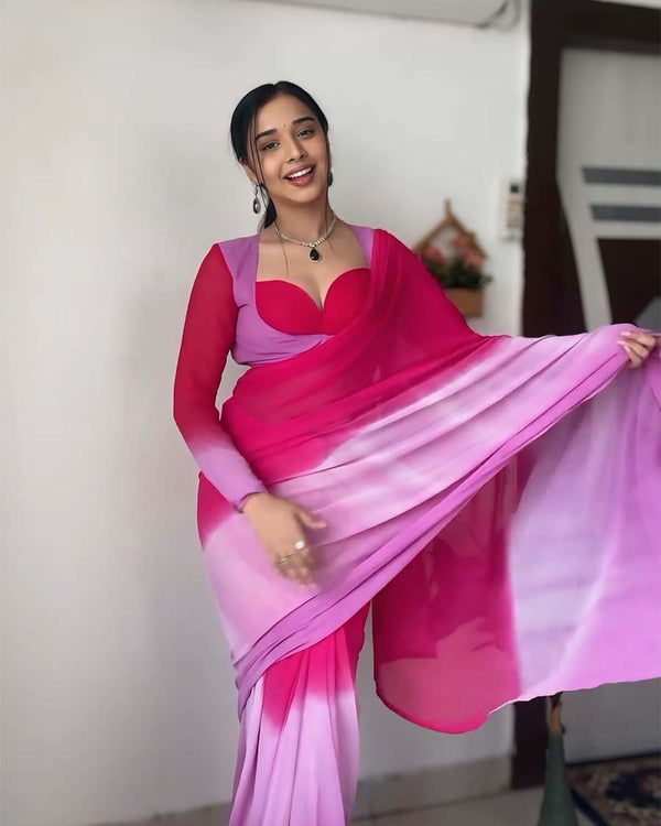 Pink And Calm Pink Color 1-Minute Ready To Wear Georgette Saree With Blouse Piece