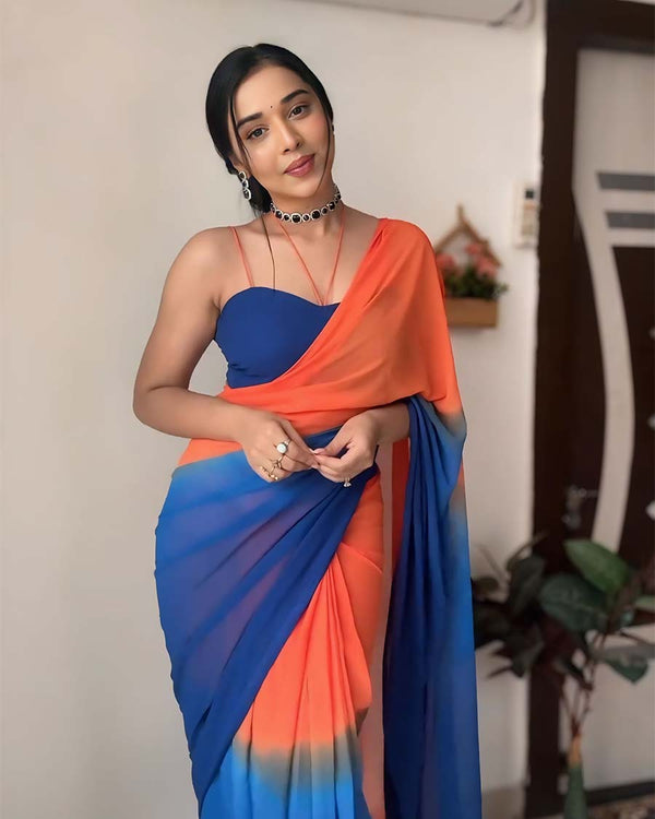 Navy Blue And Orange Color 1-Minute Ready To Wear Georgette Saree With Blouse Piece