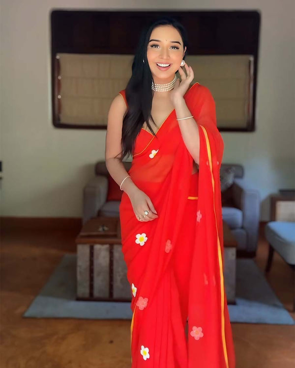 Orange Color 1-Minute Ready To Wear Georgette Saree With Blouse Piece