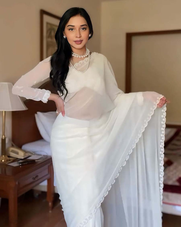 White Color 1-Minute Ready To Wear Georgette Saree With Blouse Piece