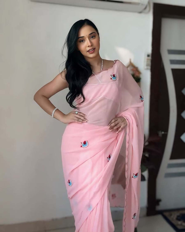 Calm Pink Color 1-Minute Ready To Wear Georgette Saree With Blouse Piece