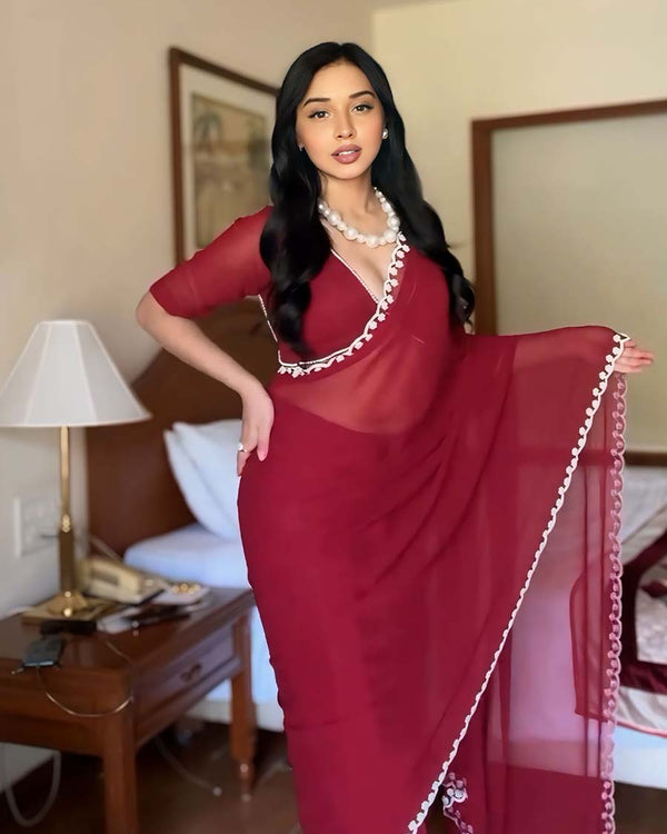 Marron Color 1-Minute Ready To Wear Georgette Saree With Blouse Piece