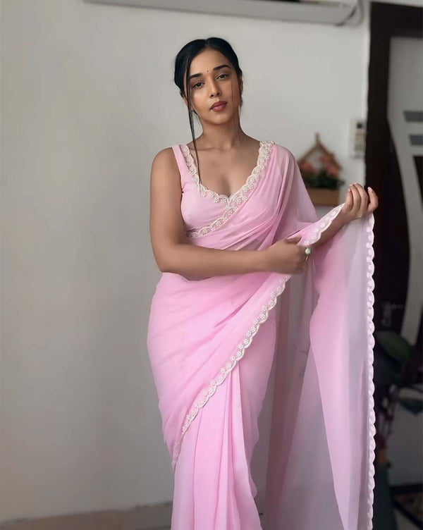 Calm Pink Color 1-Minute Ready To Wear Georgette Saree With Blouse Piece