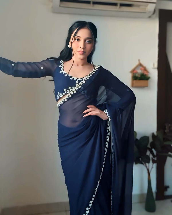 Navy Blue Color 1-Minute Ready To Wear Georgette Saree With Blouse Piece