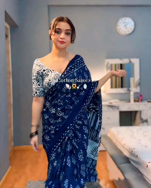 Navy Blue Color 1-Minute Ready To Wear Cotton Saree With Blouse Piece