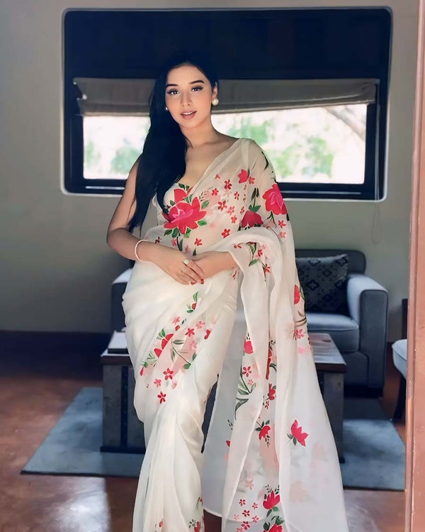 White Color 1-Minute Ready To Wear Georgette Saree With Blouse Piece