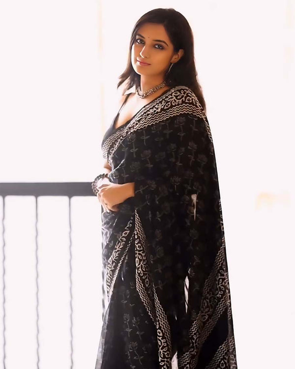 Black Color 1-Minute Ready To Wear Cotton Saree With Blouse Piece