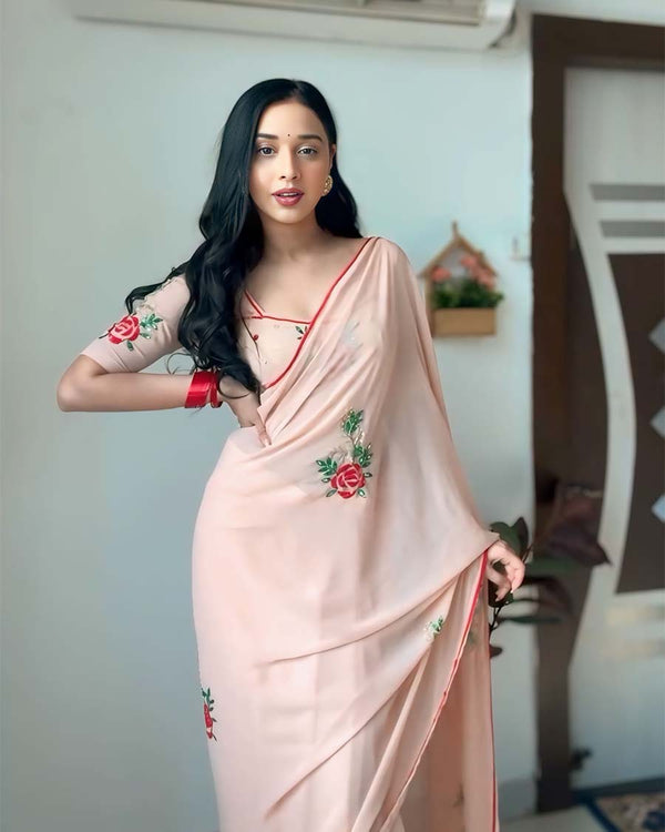 Peach Color 1-Minute Ready To Wear Georgette Saree With Blouse Piece
