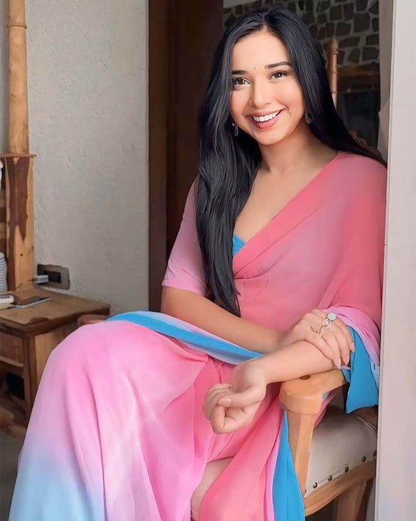 Dual Color 1-Minute Ready To Wear Georgette Saree With Blouse Piece
