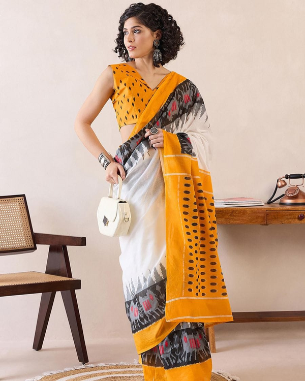 White And Yellow Color Mulmul Cotton 1 - Minute Ready to Wear Saree with Pocket and Blouse Piece