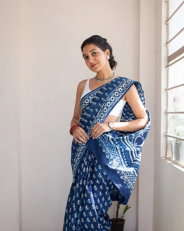 Blue Color 1 - Minute Ready to Wear Mulmul Cotton Saree with Blouse Piece
