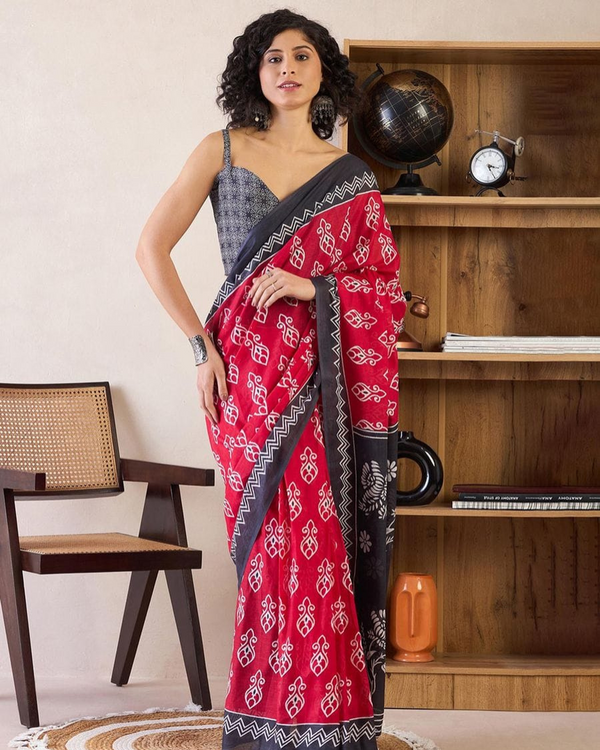 Red Color Mulmul Cotton 1 - Minute Ready to Wear Saree with Pocket and Blouse Piece