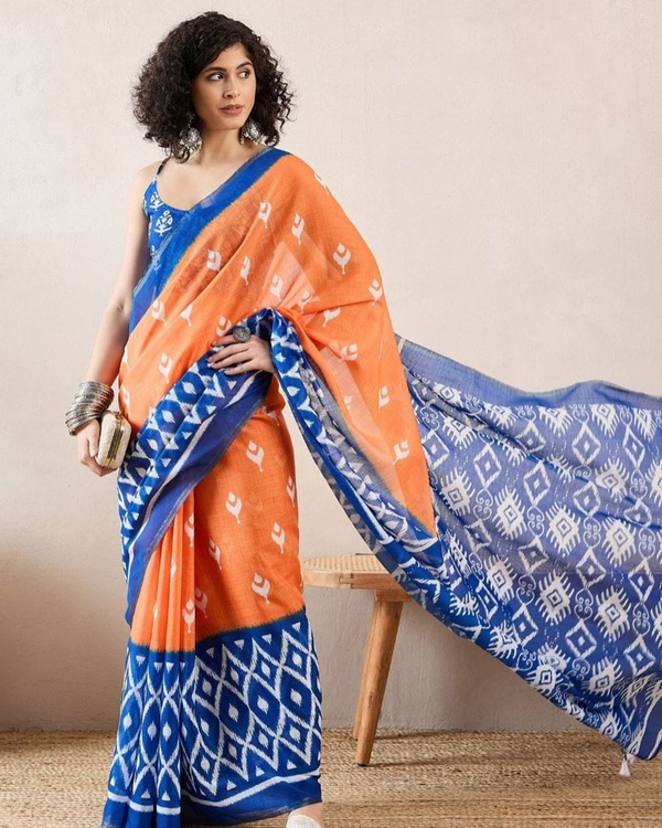 Orange And Blue Color Mulmul Cotton 1 - Minute Ready to Wear Saree with Pocket and Blouse Piece