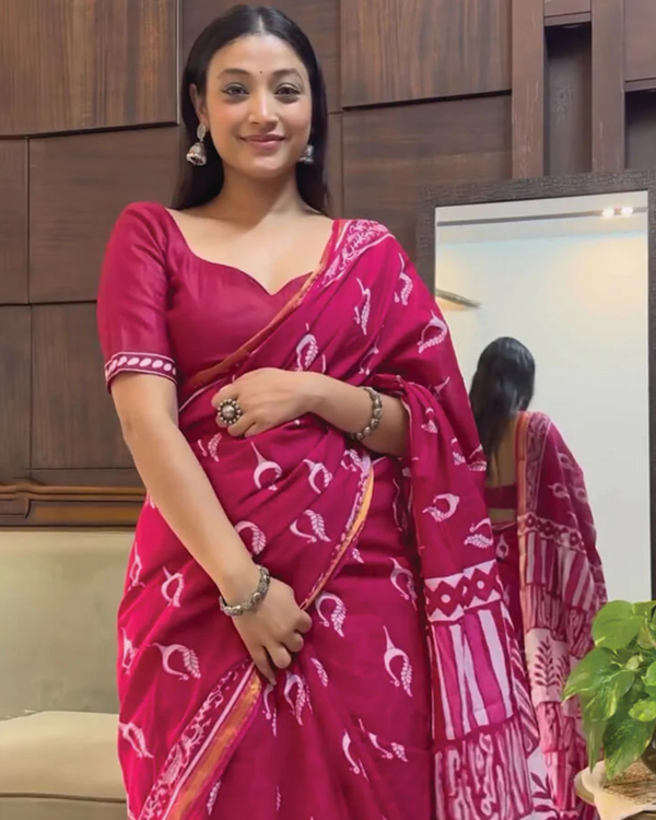 Pink Color 1 - Minute Ready to Wear Mulmul Cotton Saree with Blouse Piece