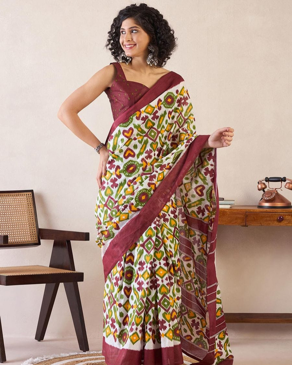White And Green Color Mulmul Cotton 1 - Minute Ready to Wear Saree with Pocket and Blouse Piece