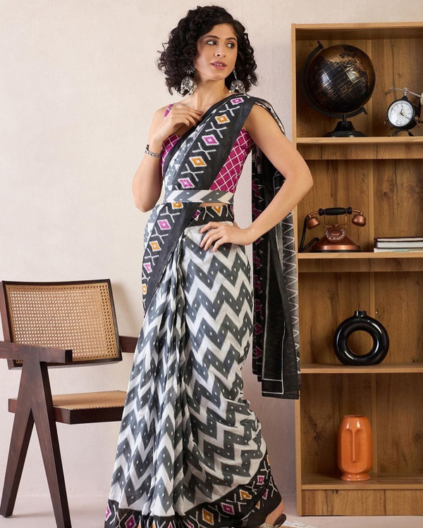 White And Black Color Mulmul Cotton 1 - Minute Ready to Wear Saree with Pocket and Blouse Piece