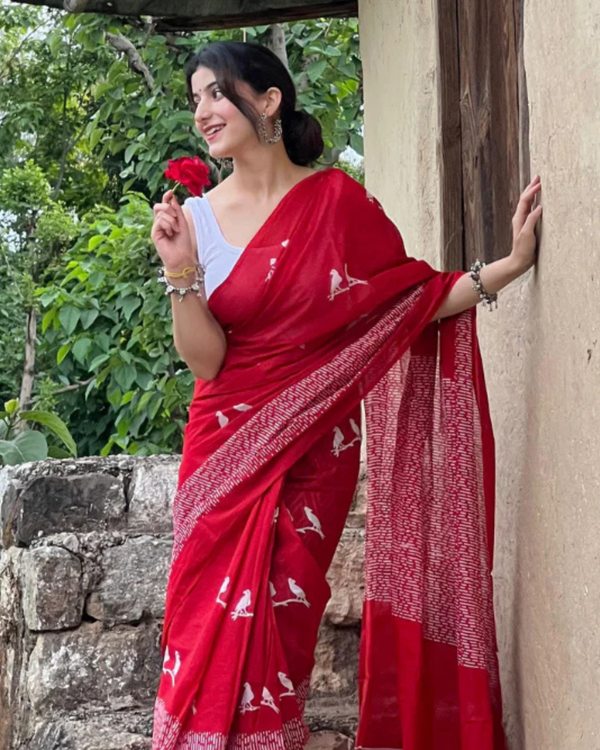 Red Color 1 - Minute Ready to Wear Mulmul Cotton Saree with Blouse Piece