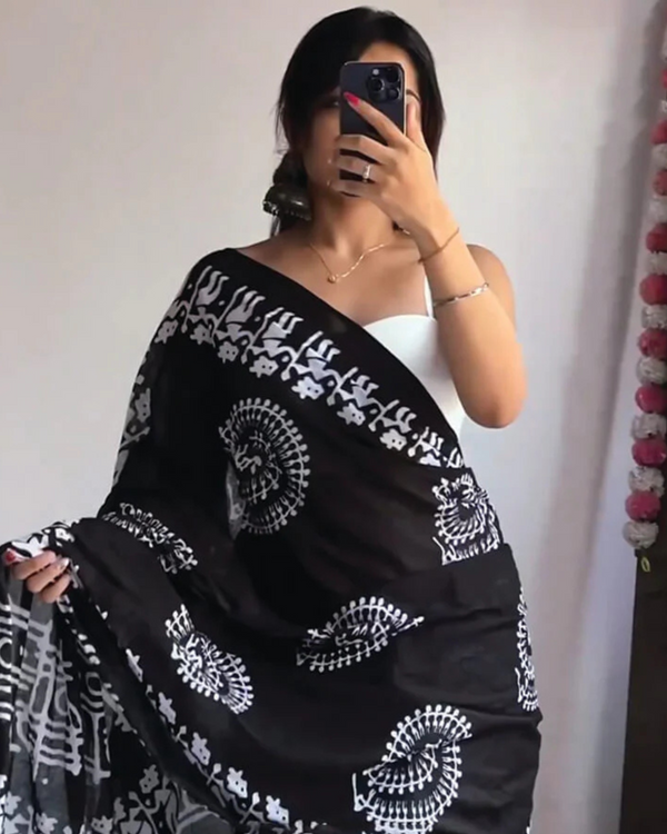 Black Color 1 - Minute Ready to Wear Mulmul Cotton Saree with Blouse Piece