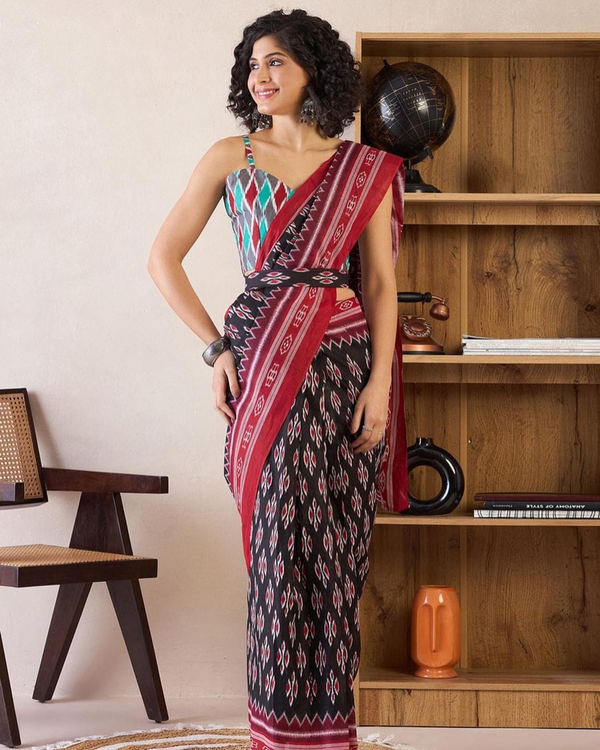 Black And Purple Color Mulmul Cotton 1 - Minute Ready to Wear Saree with Pocket and Blouse Piece