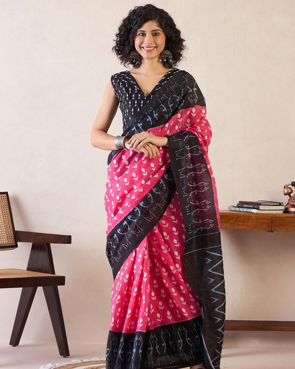 Pink And Black Color Mulmul Cotton 1 - Minute Ready to Wear Saree with Pocket and Blouse Piece