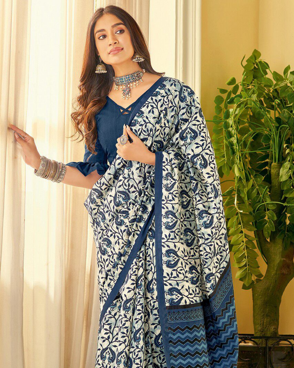 White and Blue Color 1 - Minute Ready to Wear Mulmul Cotton Saree with Blouse Piece