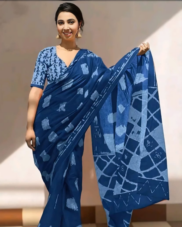 Navy Blue Color Mulmul Cotton 1 - Minute Ready to Wear Saree with Pocket and Blouse Piece